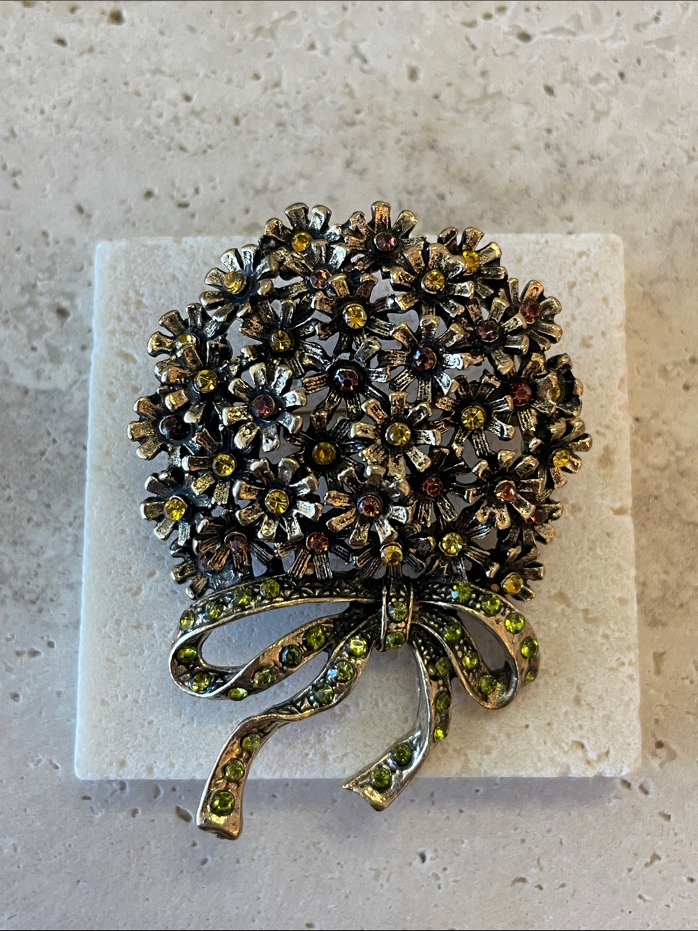 Anthropologie Silver-Tone Floral Bouquet Brooch with Olive and Amber Accents